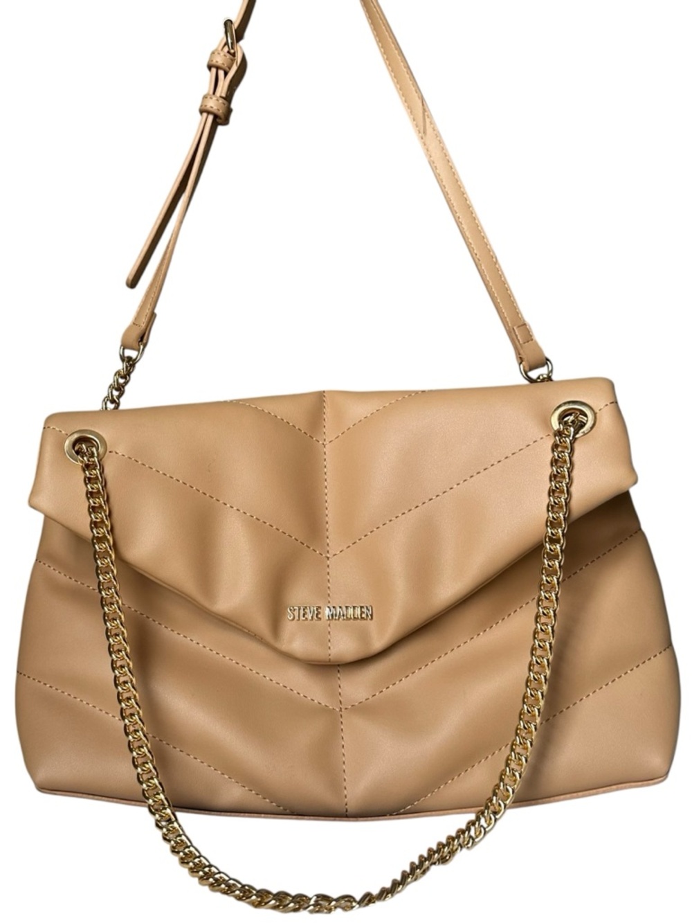 Steve Madden Beige Quilted Shoulder Bag with Gold Chain